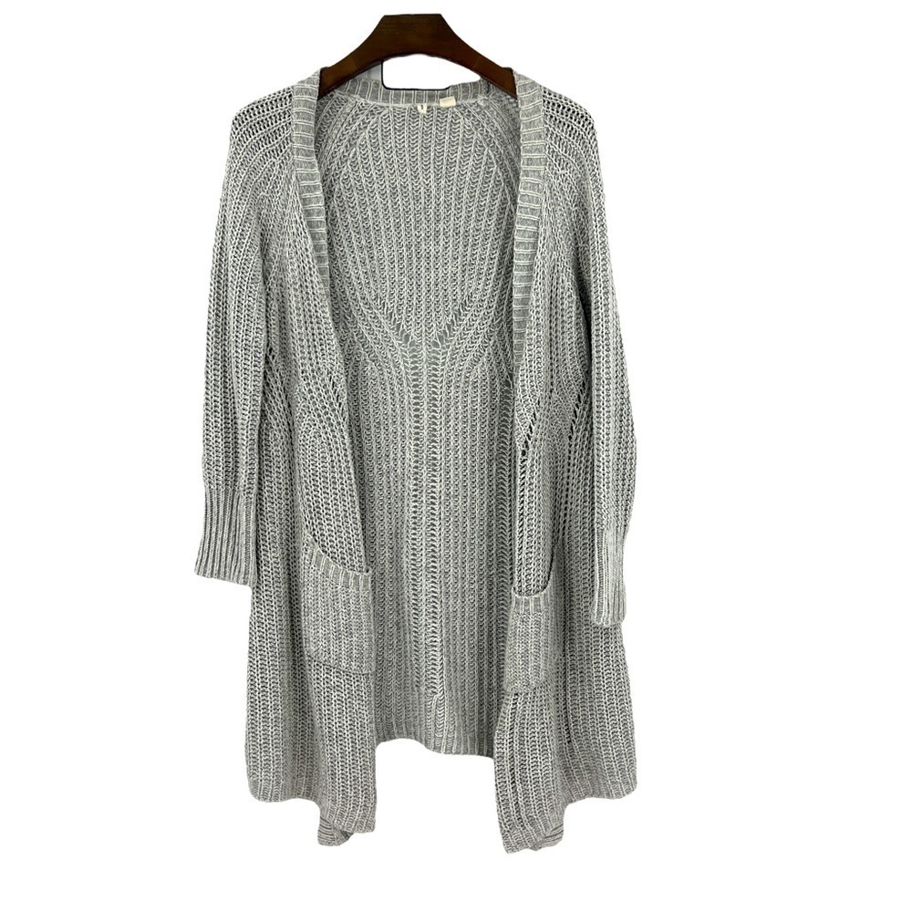 Anthropologie Moth Long Light Gray Open Knit Cashmere & Cotton Blend Cardigan M